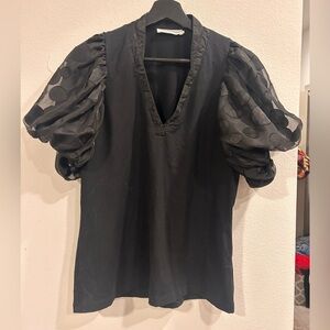 Anne Fontaine Maki Dots Puff Sleeve Top Black Sheer Polka Dot Balloon Blouse M